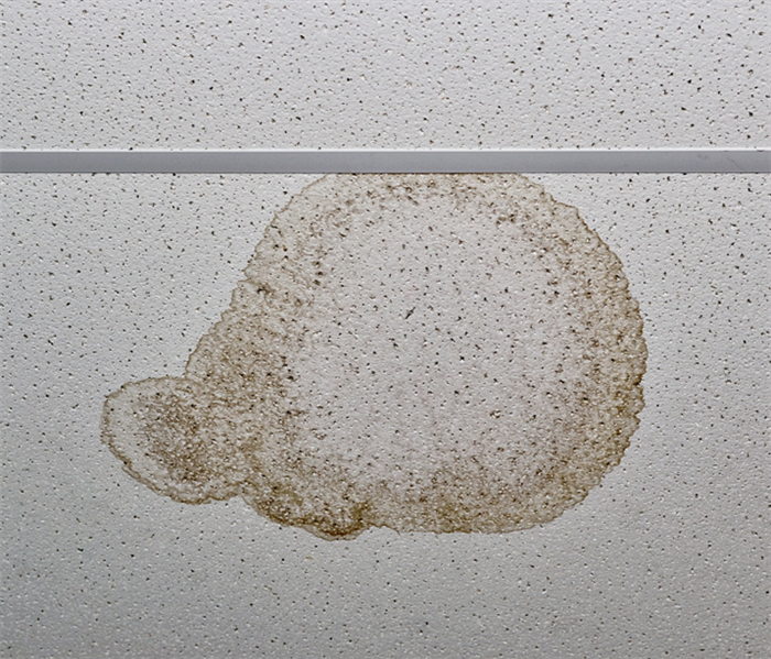 Discoloration is seen on a ceiling tile from a water leak. 